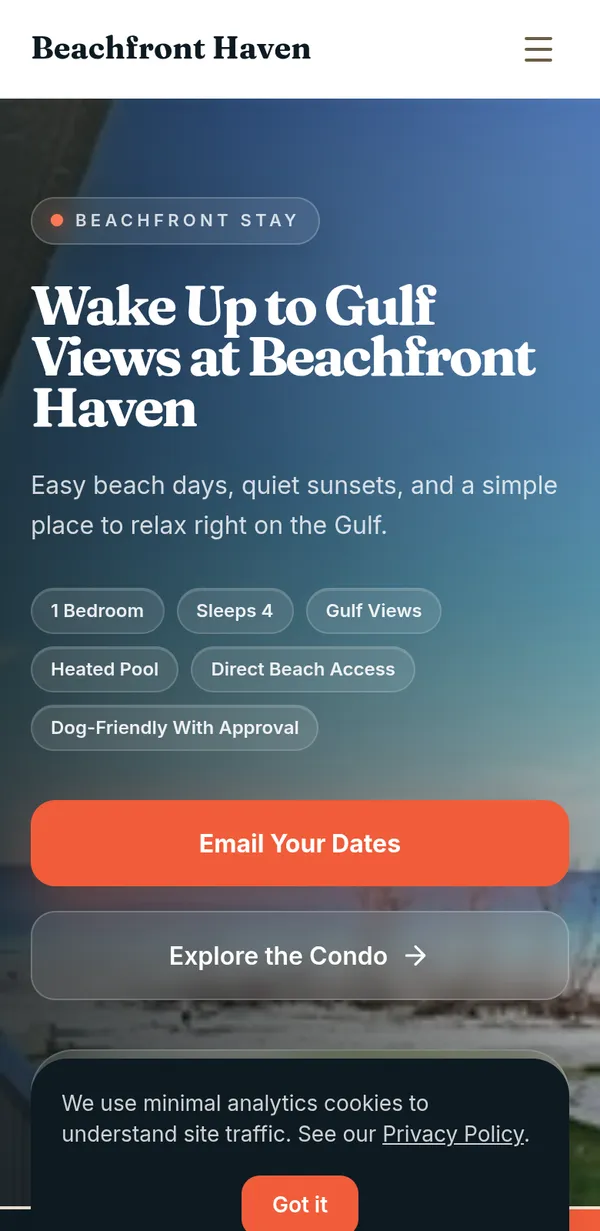 Beachfront Haven website on mobile