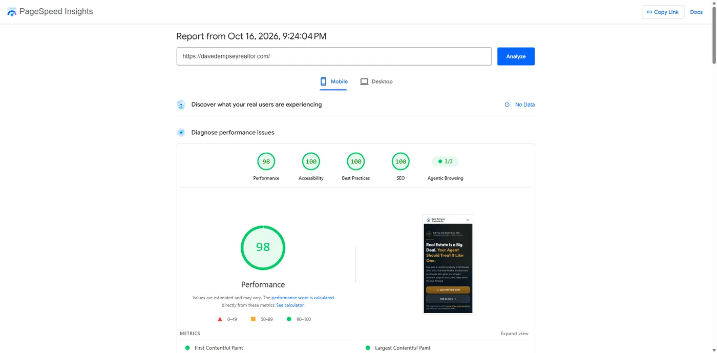 PageSpeed Insights mobile report for davedempseyrealtor.com