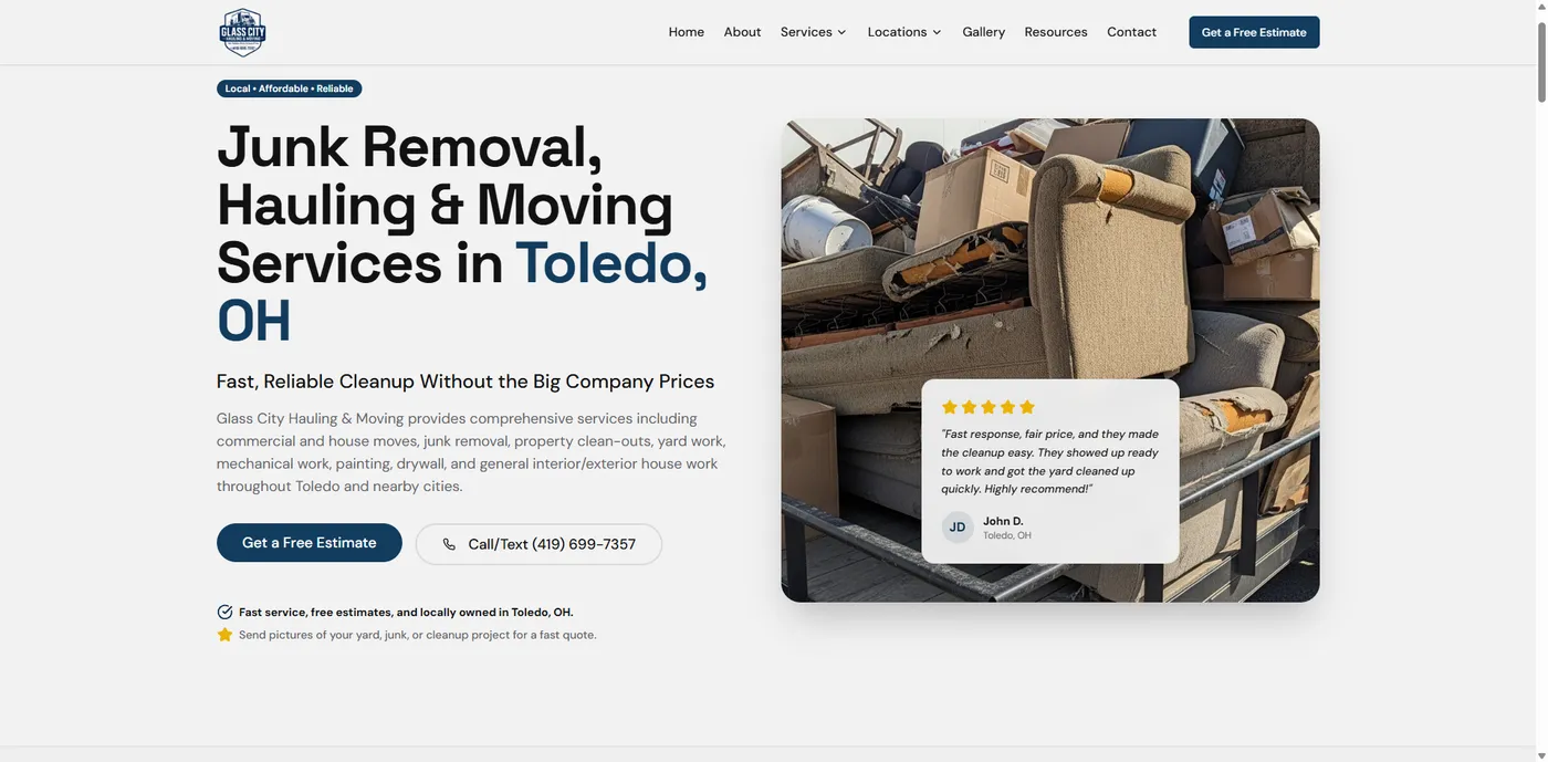 Glass City Hauling & Moving: A New Website With an Instant Online Quote Calculator