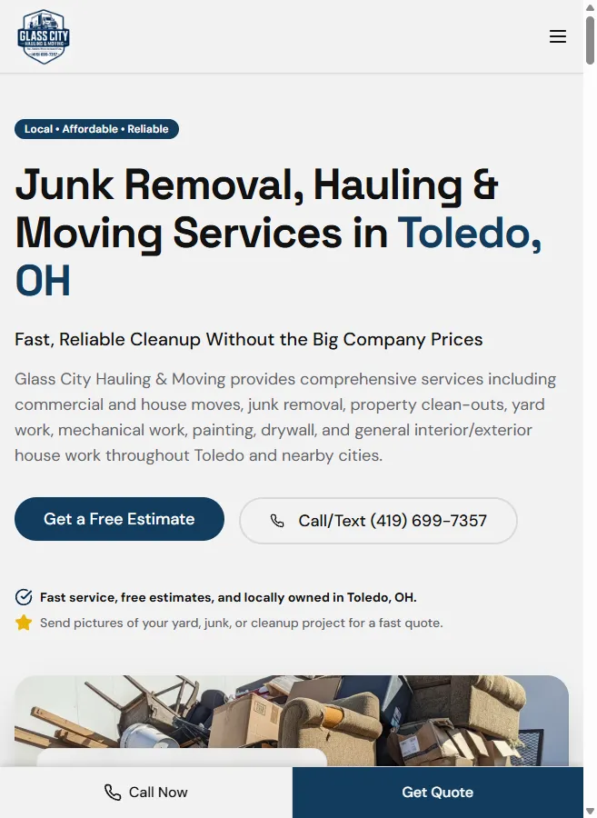 Glass City Hauling website on mobile, with the sticky Call Now / Get Quote bar