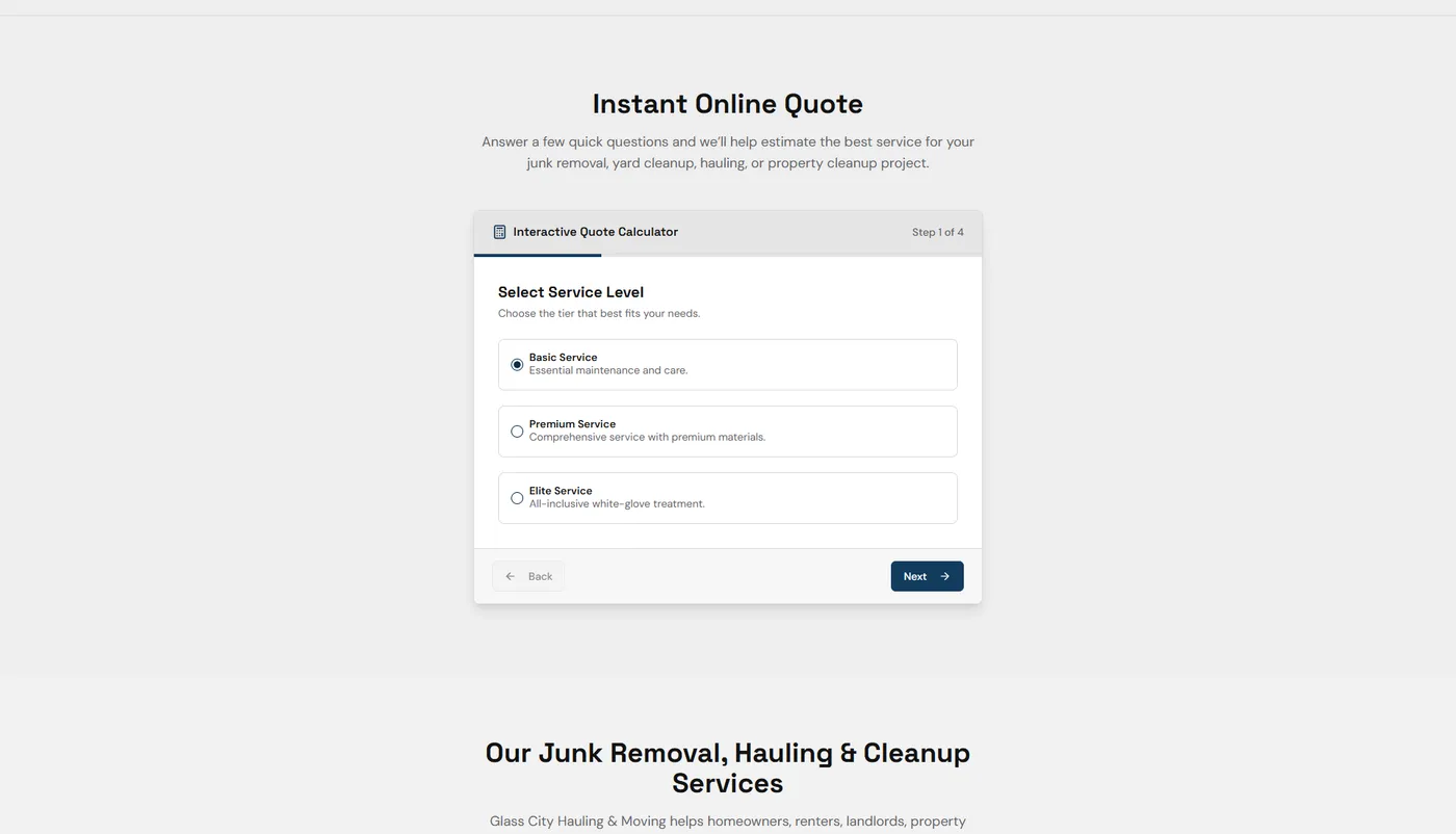 Glass City Hauling’s interactive quote calculator