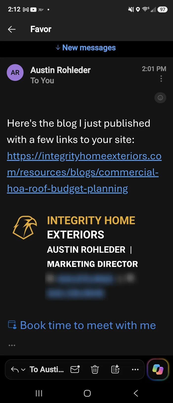 Email from Integrity Home Exteriors’ marketing director sharing the blog post that links to Midwest Roof Calculators