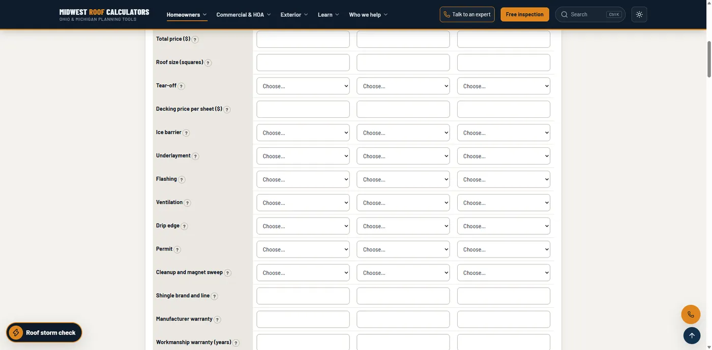 Midwest Roof Calculators’ Compare Roofing Quotes tool