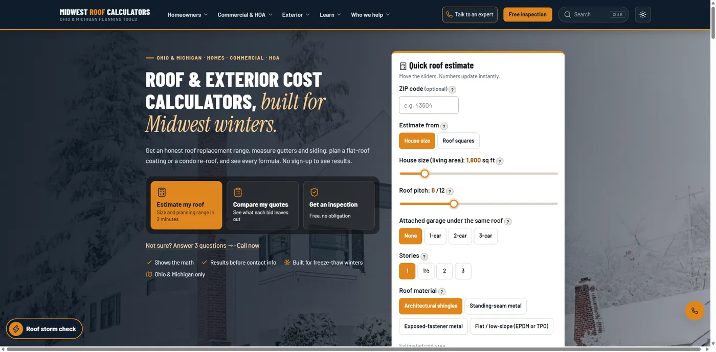 Midwest Roof Calculators: 25+ Free Roofing and Exterior Tools Built for Ohio and Michigan