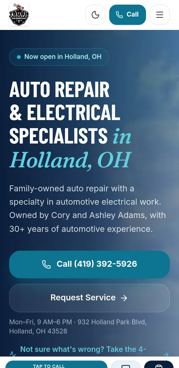 Tough Knuckles Automotive website on mobile