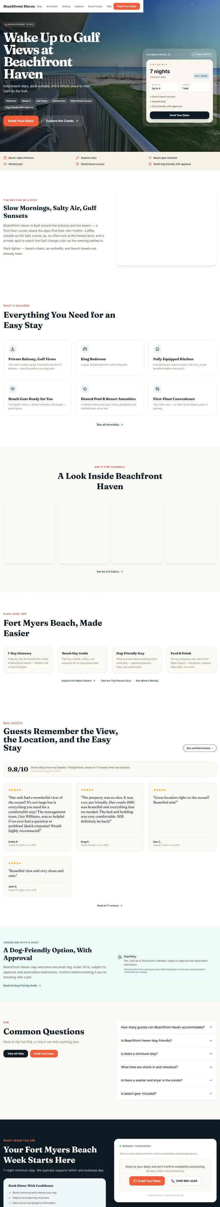 Beachfront Haven website, full page