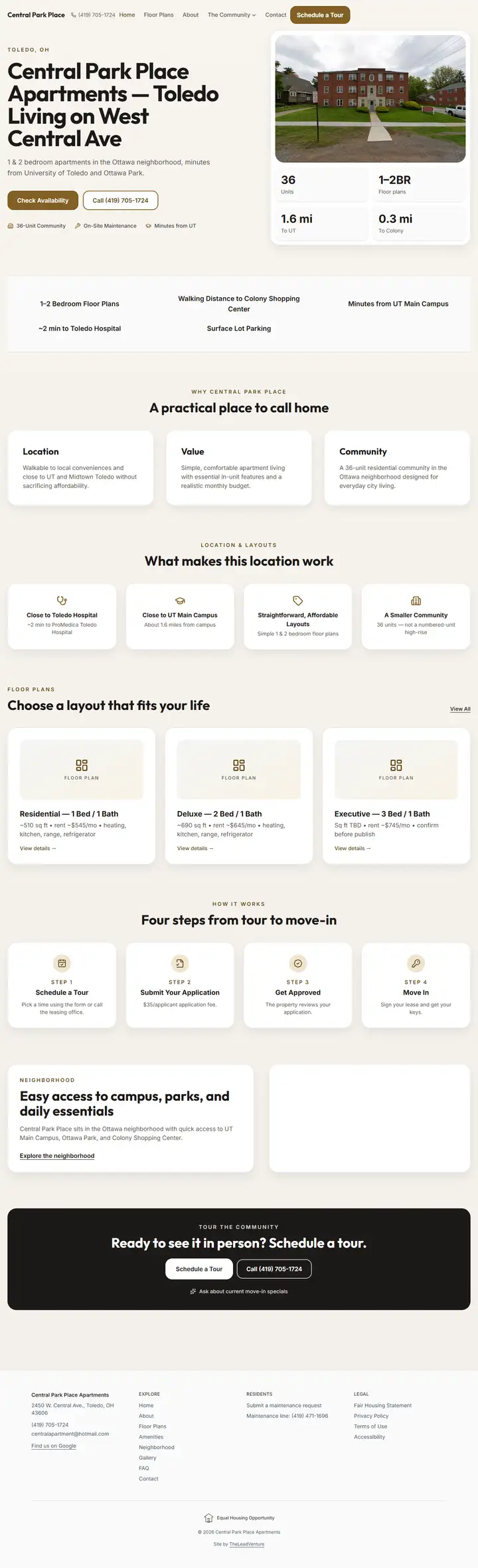Central Park Place Apartments website, full page