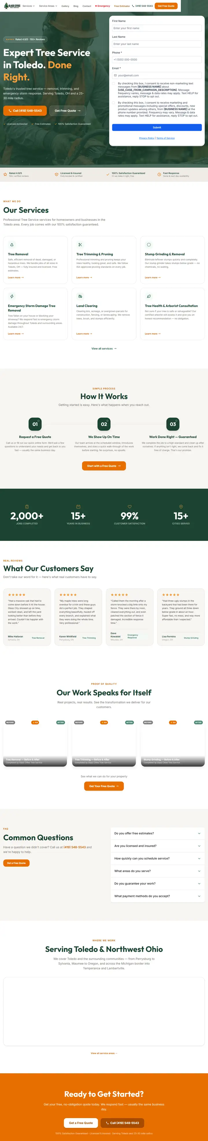 Glass Cities Tree Service website, full page