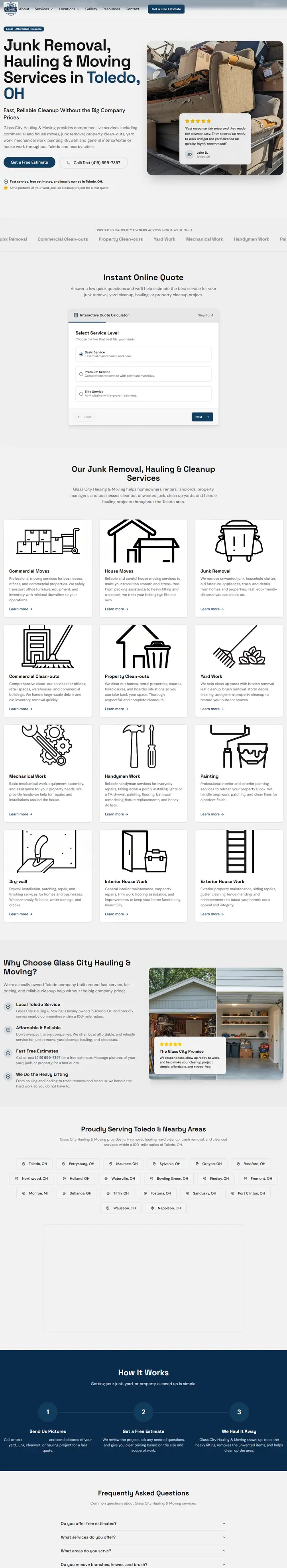 Glass City Hauling & Moving website, full page