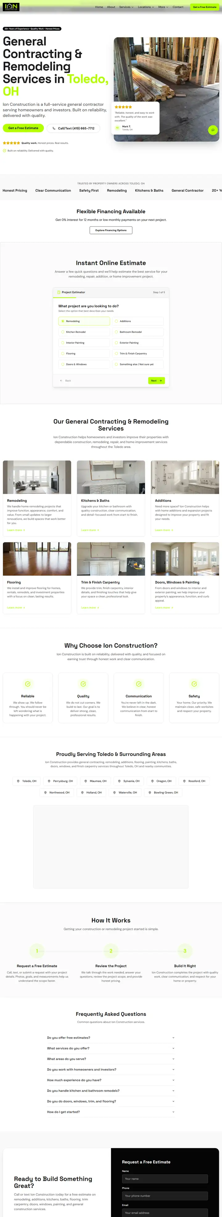 Ion Construction website, full page