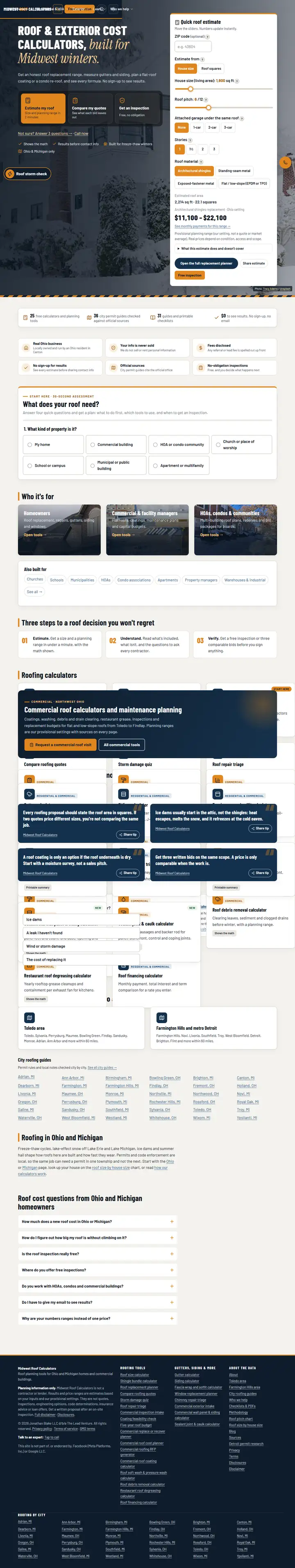 Midwest Roofing Calculators website, full page