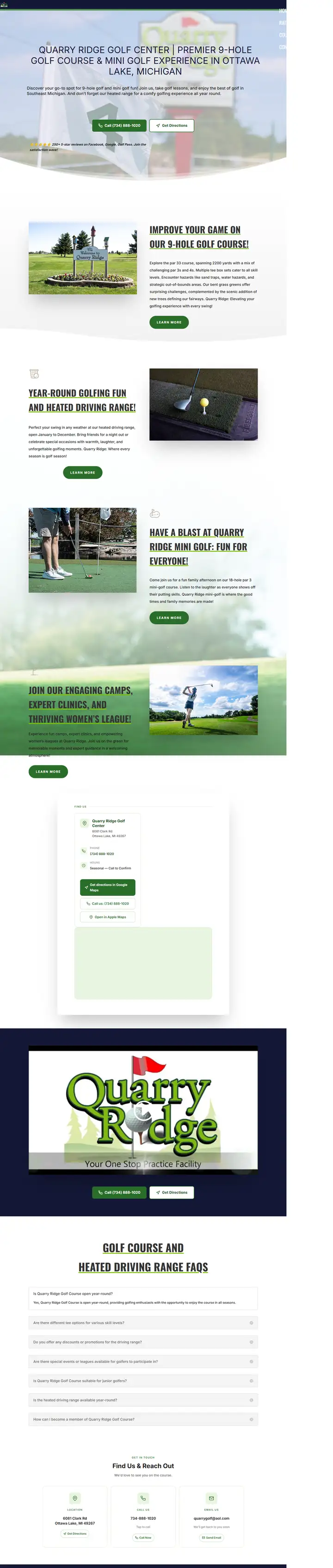 Quarry Ridge Golf Center website, full page