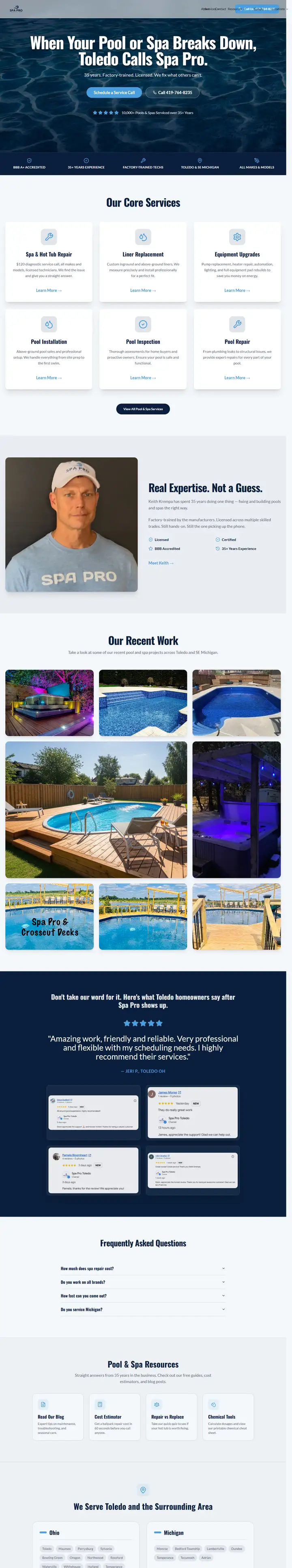 Spa Pro Toledo website, full page