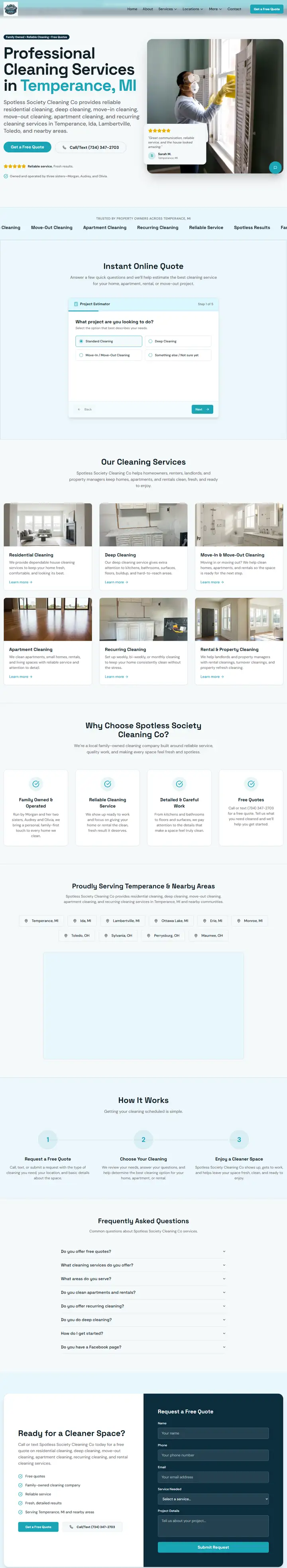 Spotless Society Cleaning Co. website, full page