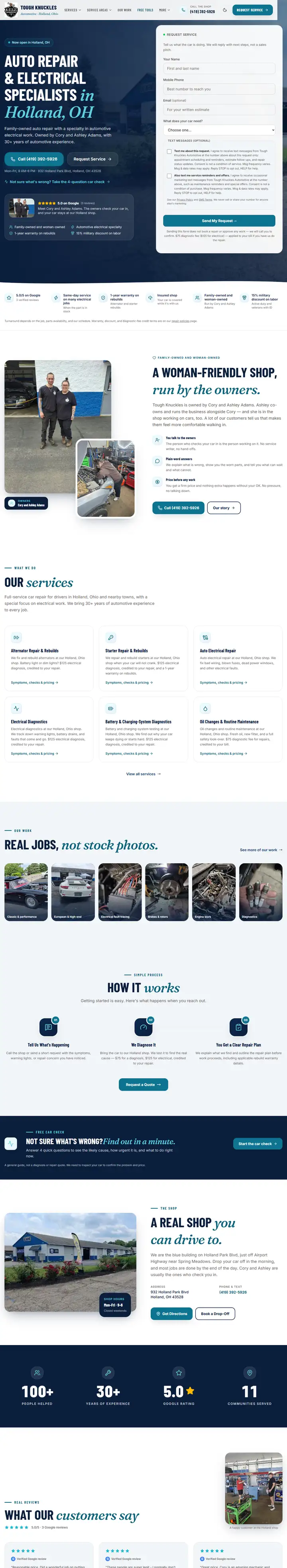 Tough Knuckles Automotive website, full page